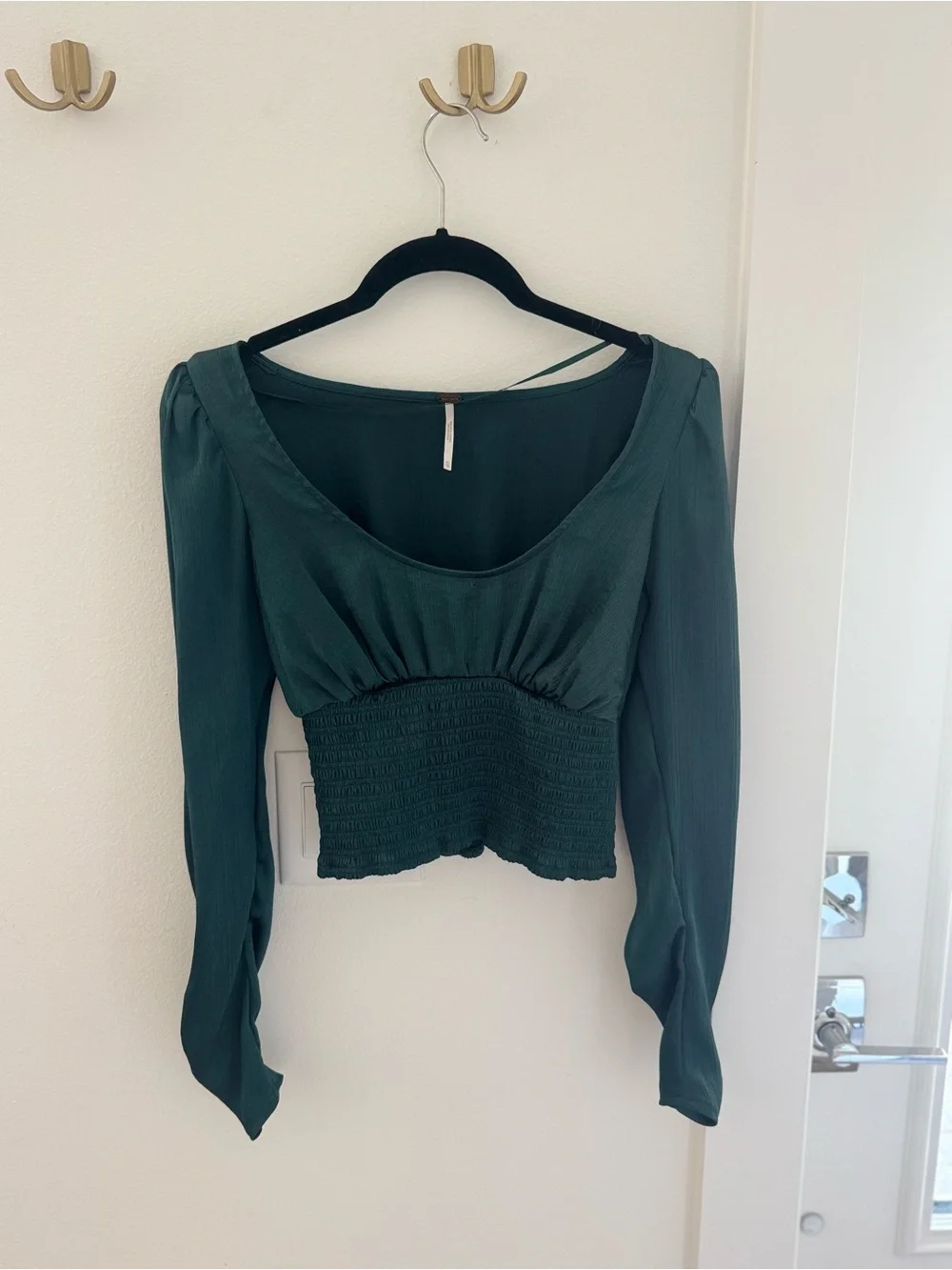 Free People Women's Deep Green Long-Sleeve Smocked Waist Top